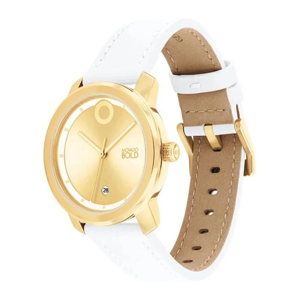 MOVADO BOLD 3600995 TREND PROPEL GOLD DIAL WHITE LEATHER STRAP WOMENS WATCH